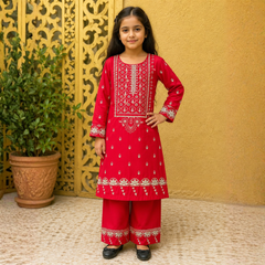 2 Pcs Girls Unstitched Embroidered Lawn Suit Bloom Red