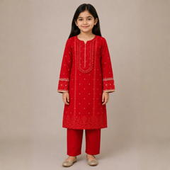 2 Pcs Girls Unstitched Embroidered Lawn Suit Cool Red