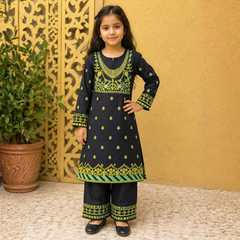 2 Pcs Girls Unstitched Embroidered Lawn Suit Ochre Black