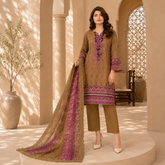 3 Pcs Unstitched Embroidered Lawn Suit Brown