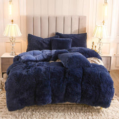 8 Pcs Soft Fluffy Fur Navy Blue Bed Sheet Set (Quilt, Pillow & Cushion Covers)