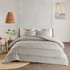 8 Pcs Pom Pom Silver Grey Bed Sheet Set With Filled Comforter, Pillow & Cushion Covers