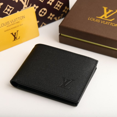 LV Leather Men Wallet Black Textured (Made In Italy)