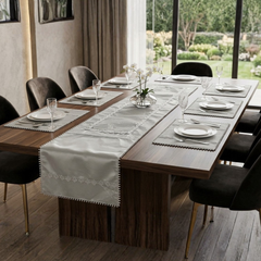 Pearl Embroidered 9 Pcs Table Runner Set Silver ( 8 Seater )