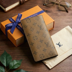 Premium LV Leather Men Bifold Long Wallet Brown