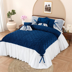 Pristine 5 Pcs Quilted Ruffle Set Velvet Navy With Frill