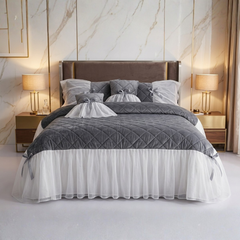 Pristine 5 Pcs Quilted Ruffle Set Velvet Grey With Frill