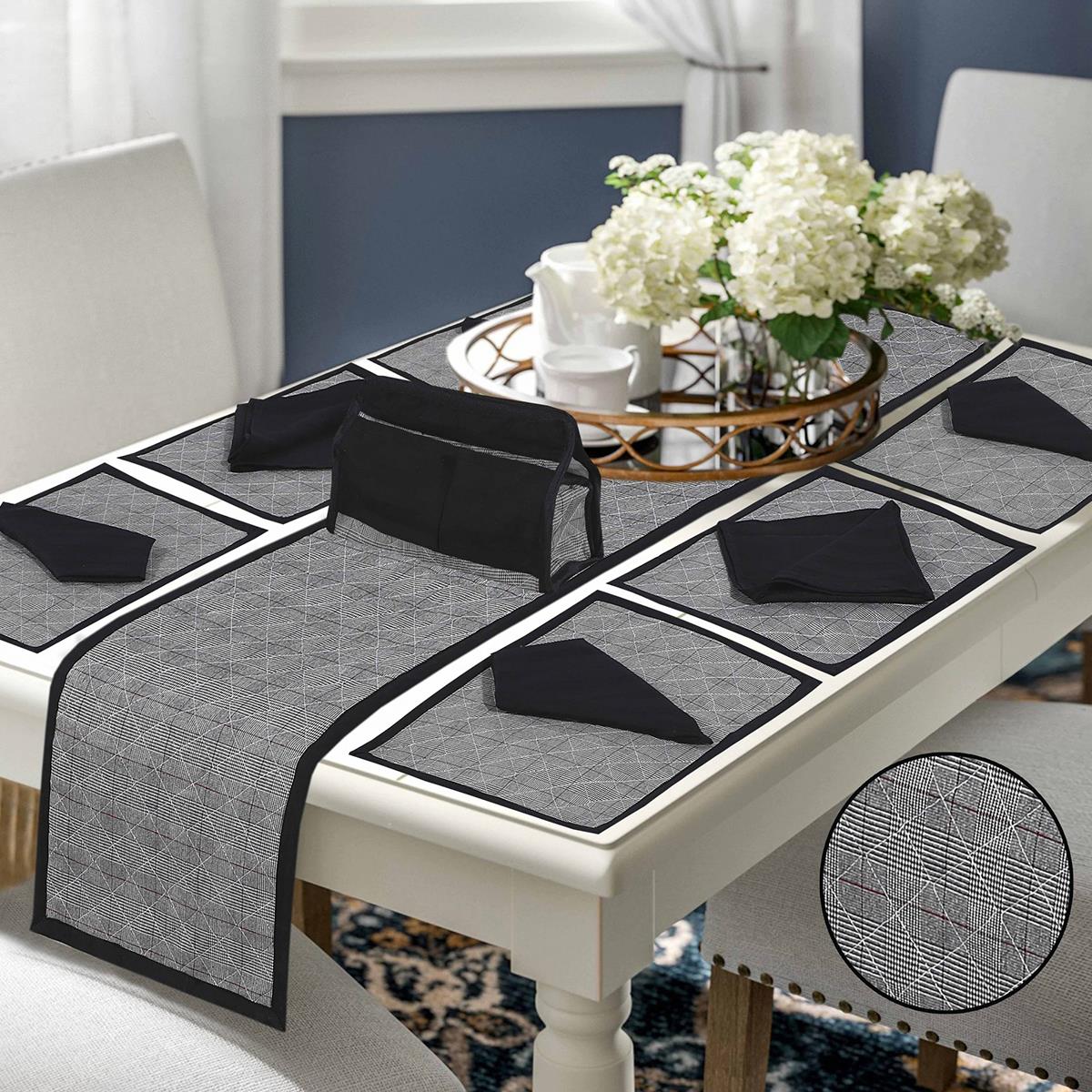 14 Pcs Quilted Table Runner Set Anzola Check Grey