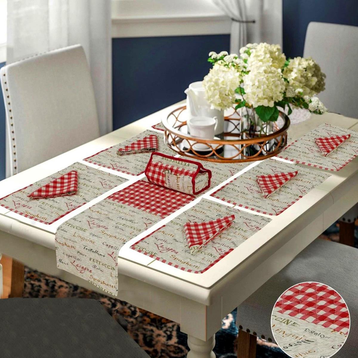 7 Pcs Quilted Table Runner Set Bistro Red