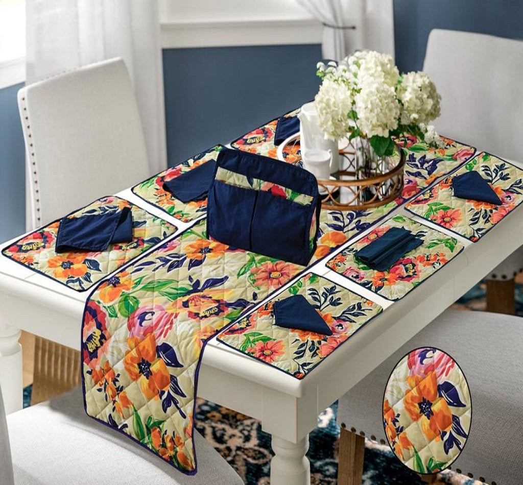 14 Pcs Quilted Table Runner Set Floral Blue