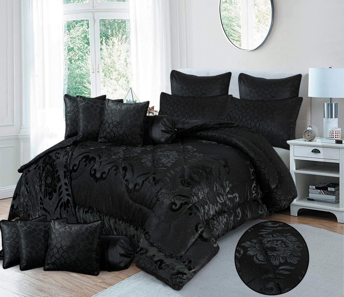 Marilla 14 Pcs Palachi Velvet Black Bed Set (Filled Comforter)