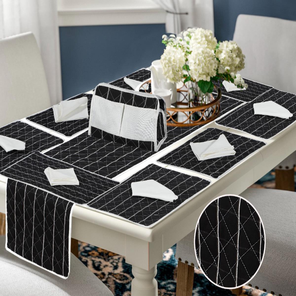 18 Pcs Quilted Table Runner Set Nicollet Black (8 Chairs Table)