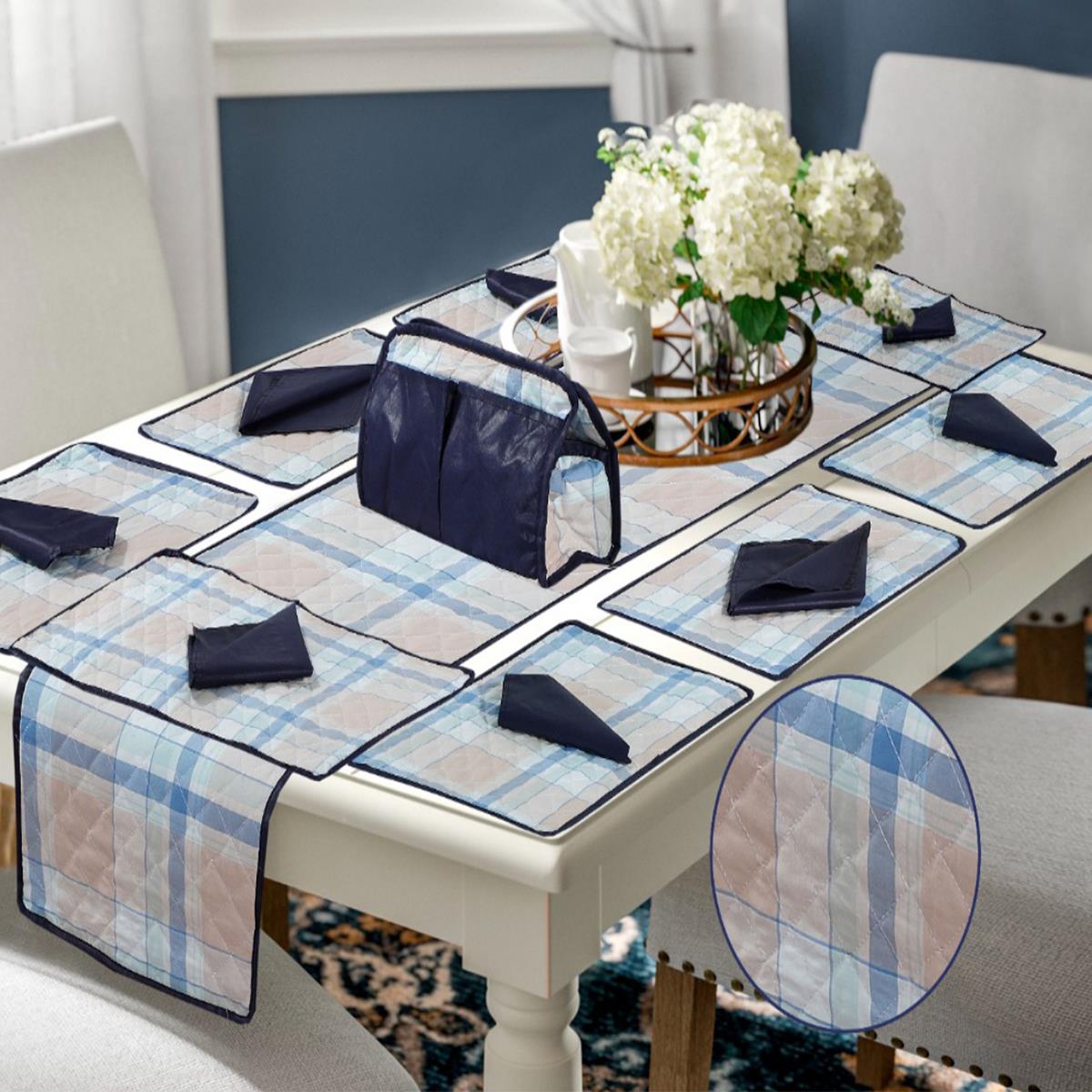 18 Pcs Quilted Table Runner Set Satzur Blue (8 Chairs Table)