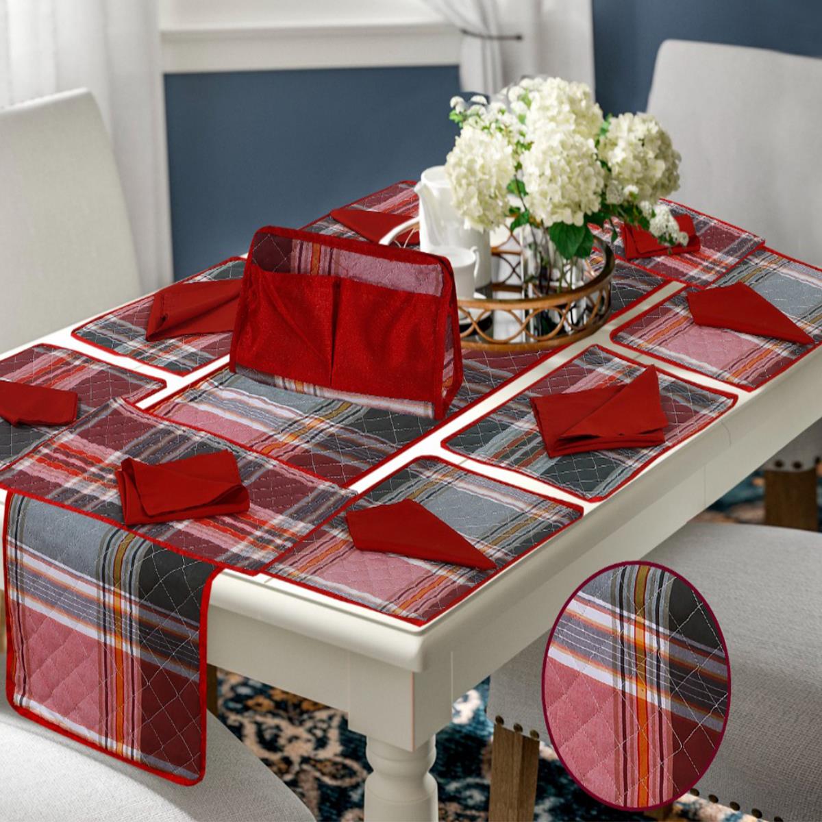 18 Pcs Quilted Table Runner Set Yokley Red (8 Chairs Table)