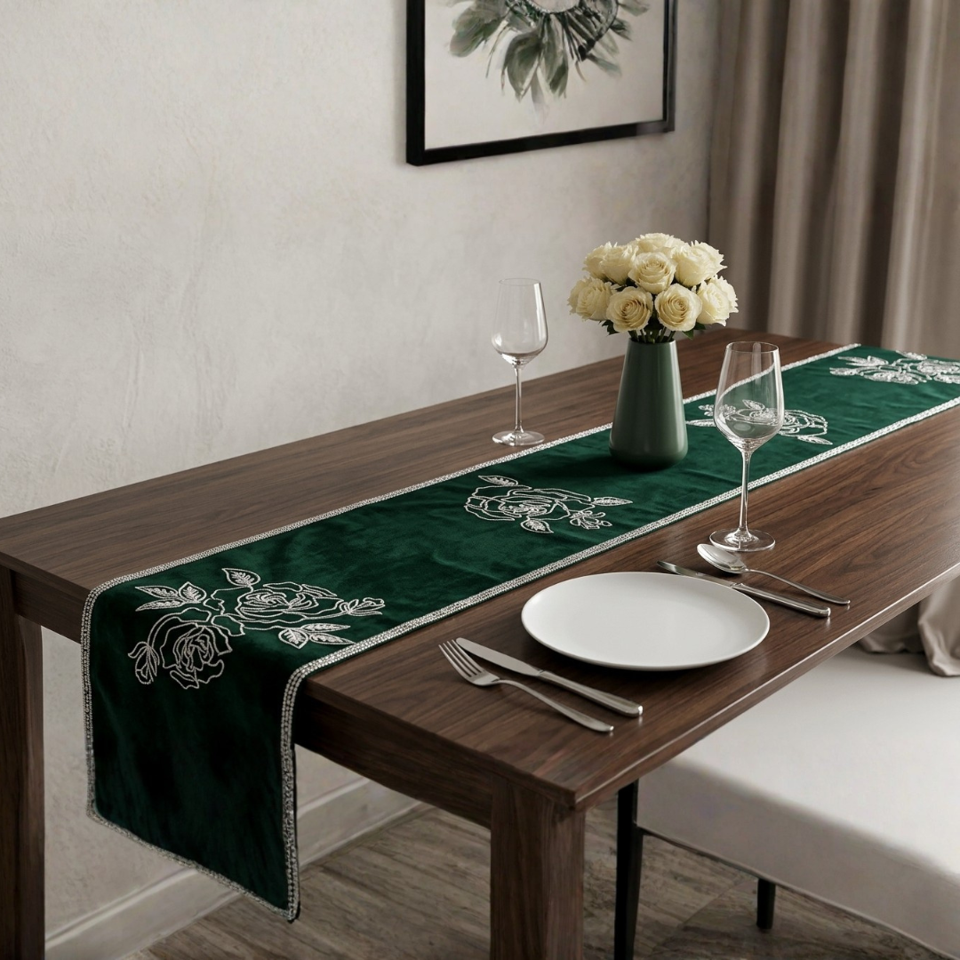 1 Pcs Embroidered Table Runner Set Green
