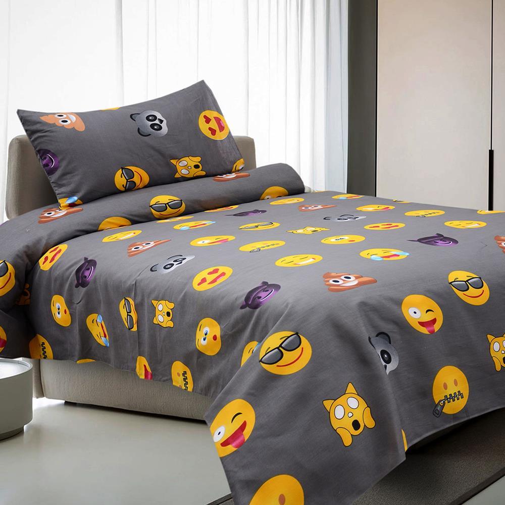 2 Pcs Cotton Grey Bed Sheet Emoji