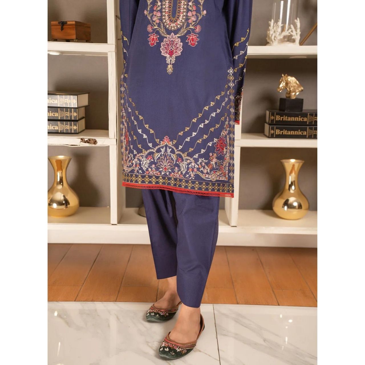 2 Pcs Embroidered Stitched Suit Blue