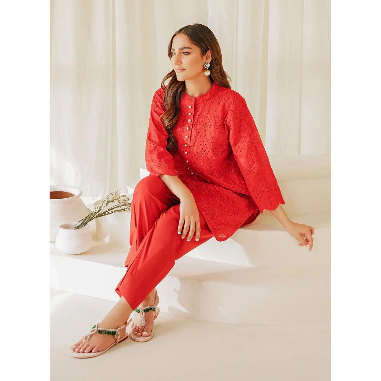 2 Pcs Embroidered Stitched Suit Red