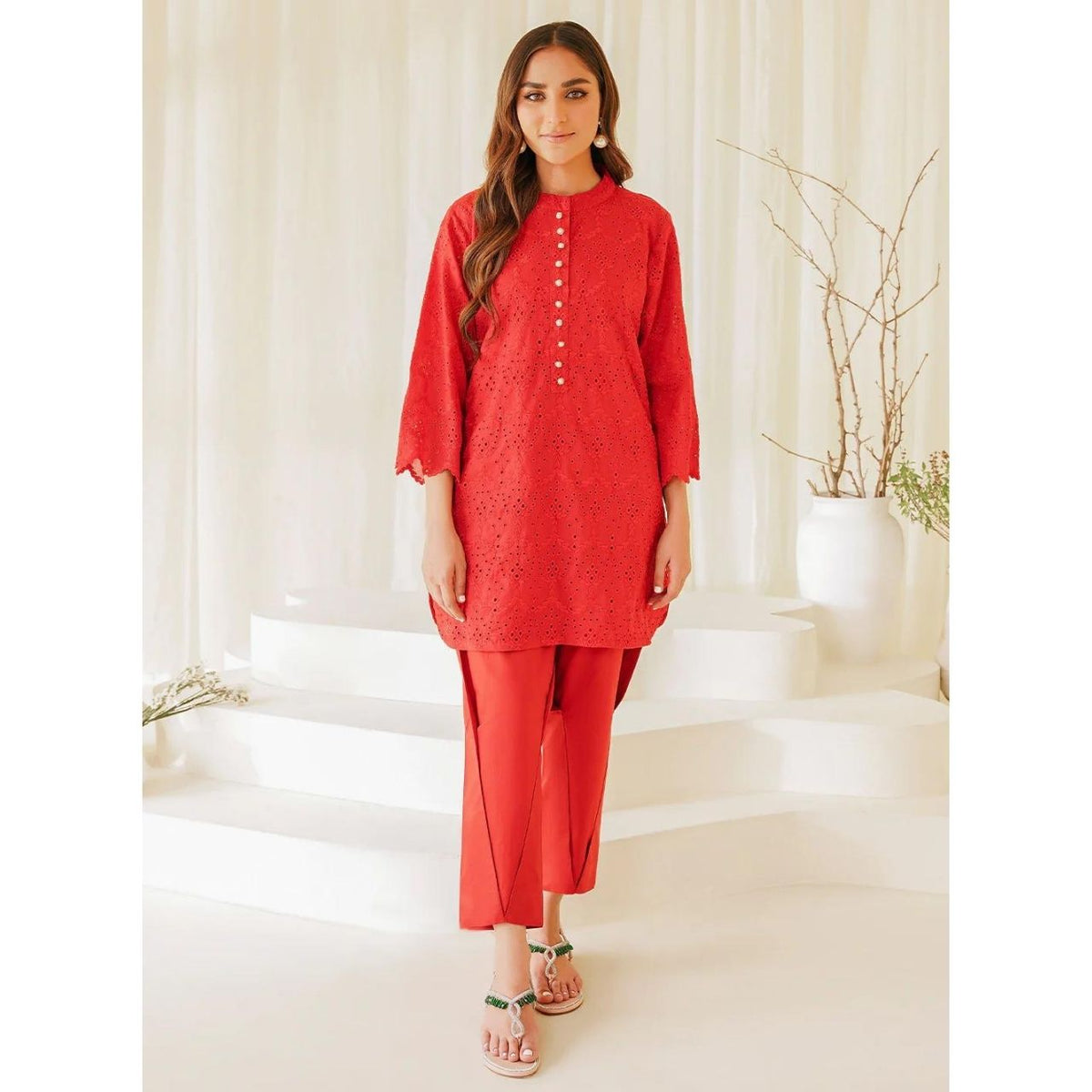 2 Pcs Embroidered Stitched Suit Red