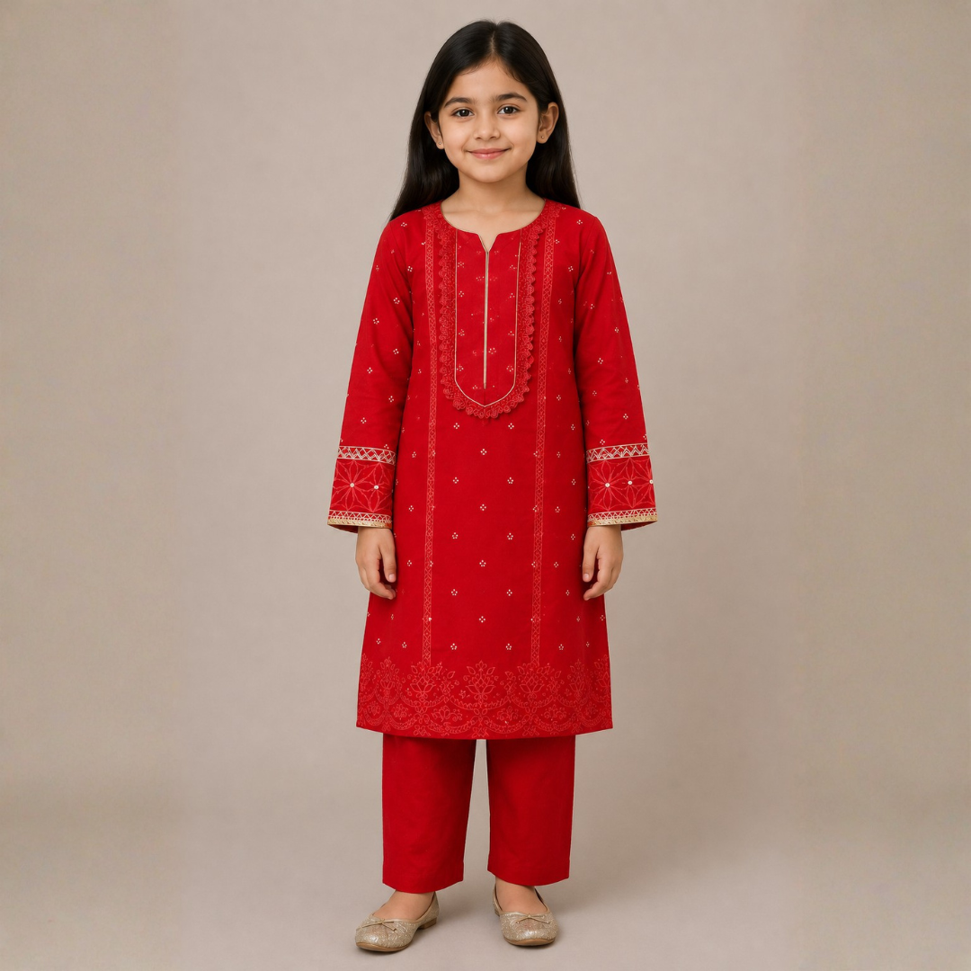 2 Pcs Girls Unstitched Embroidered Lawn Suit Cool Red