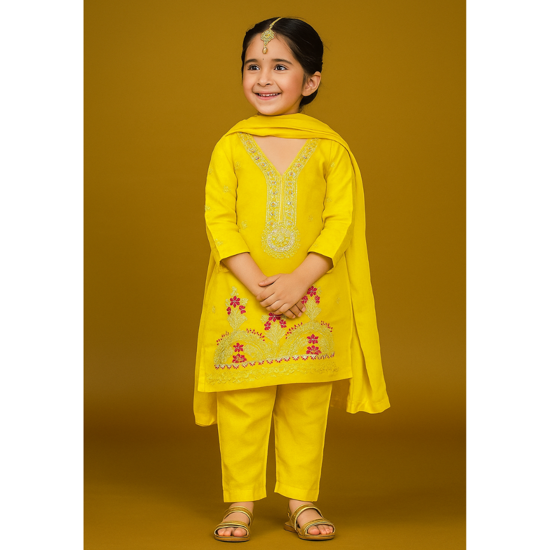 2 Pcs Girls Unstitched Embroidered Lawn Suit Glow Yellow