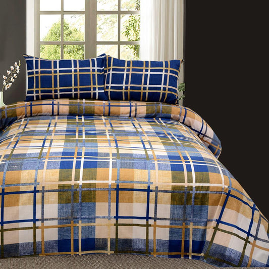 3 Pcs Cotton Bed Sheet King Size Blue Brown Check 1080