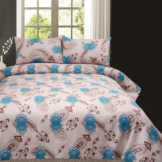 3 Pcs Cotton Bed Sheet King Size Blue Flowers 1080