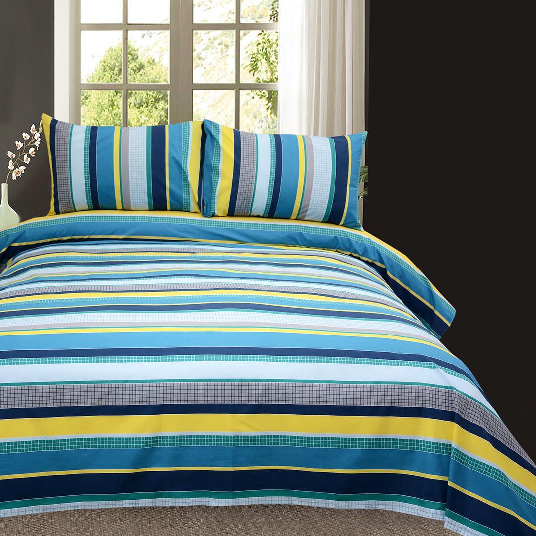 3 Pcs Cotton Bed Sheet King Size Blue Strips