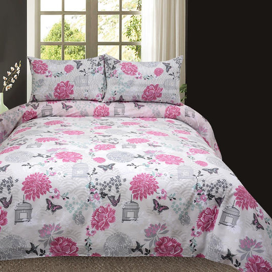 3 Pcs Cotton Bed Sheet King Size Pink Flowers 1080