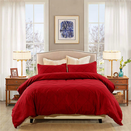 3 Pcs Pinch Pleat Red Duvet and Pillow Covers Set 1600