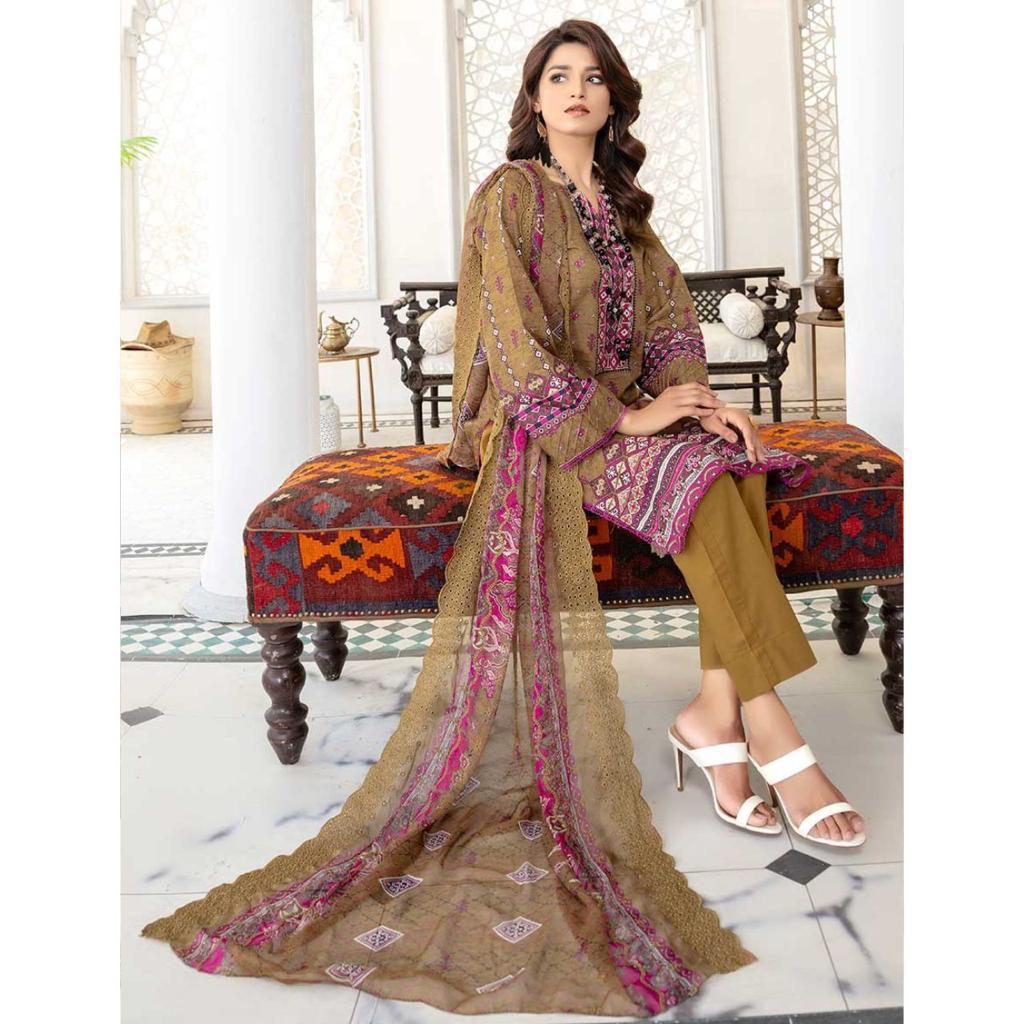 3 Pcs Unstitched Embroidered Lawn Suit Brown