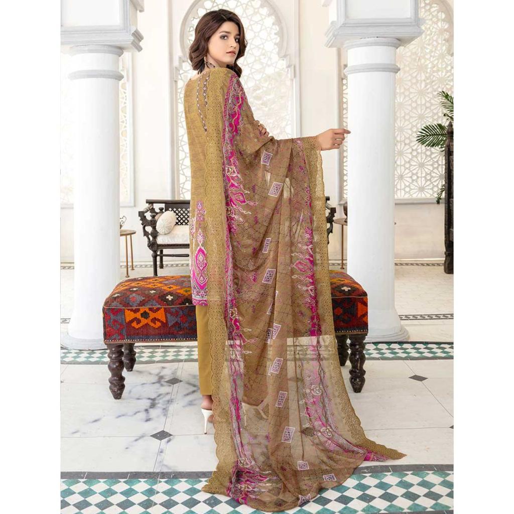 3 Pcs Unstitched Embroidered Lawn Suit Brown