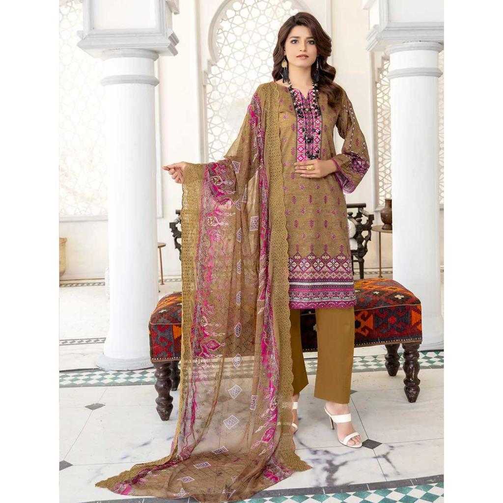 3 Pcs Unstitched Embroidered Lawn Suit Brown