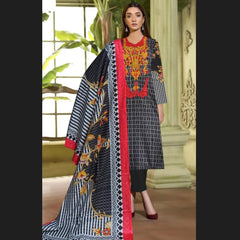 3 Pcs Unstitched Embroidered Lawn Suit Check Links Black