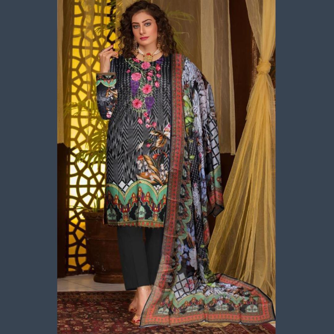 3 Pcs Unstitched Embroidered Lawn Suit Chevron Black