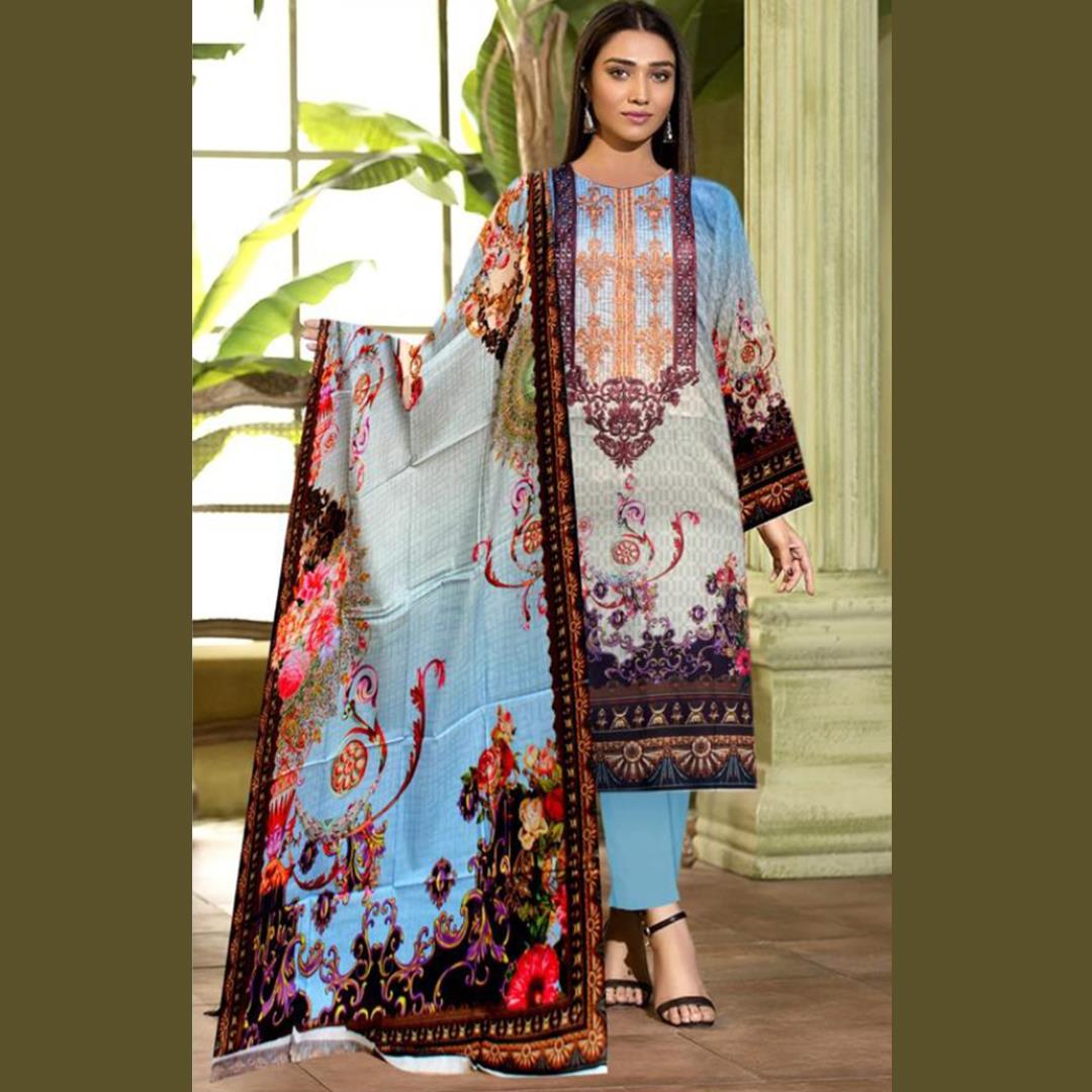 3 Pcs Unstitched Embroidered Lawn Suit Damask Blue