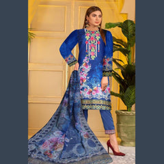 3 Pcs Unstitched Embroidered Lawn Suit Floral Blue