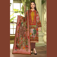 3 Pcs Unstitched Embroidered Lawn Suit Hot Brown