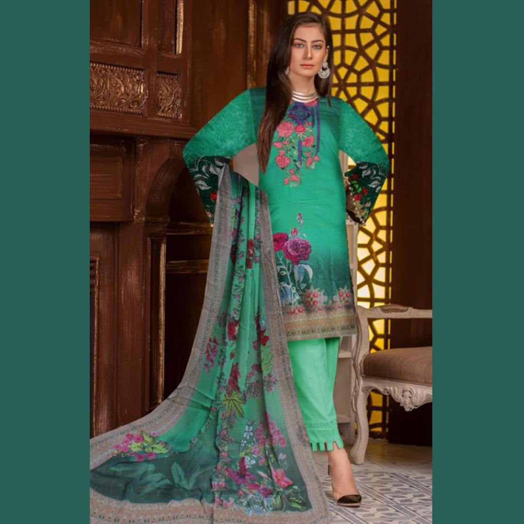 3 Pcs Unstitched Embroidered Lawn Suit Hunt Green