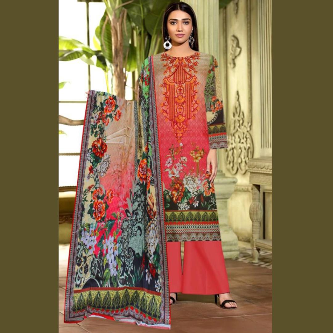 3 Pcs Unstitched Embroidered Lawn Suit Ogee Red