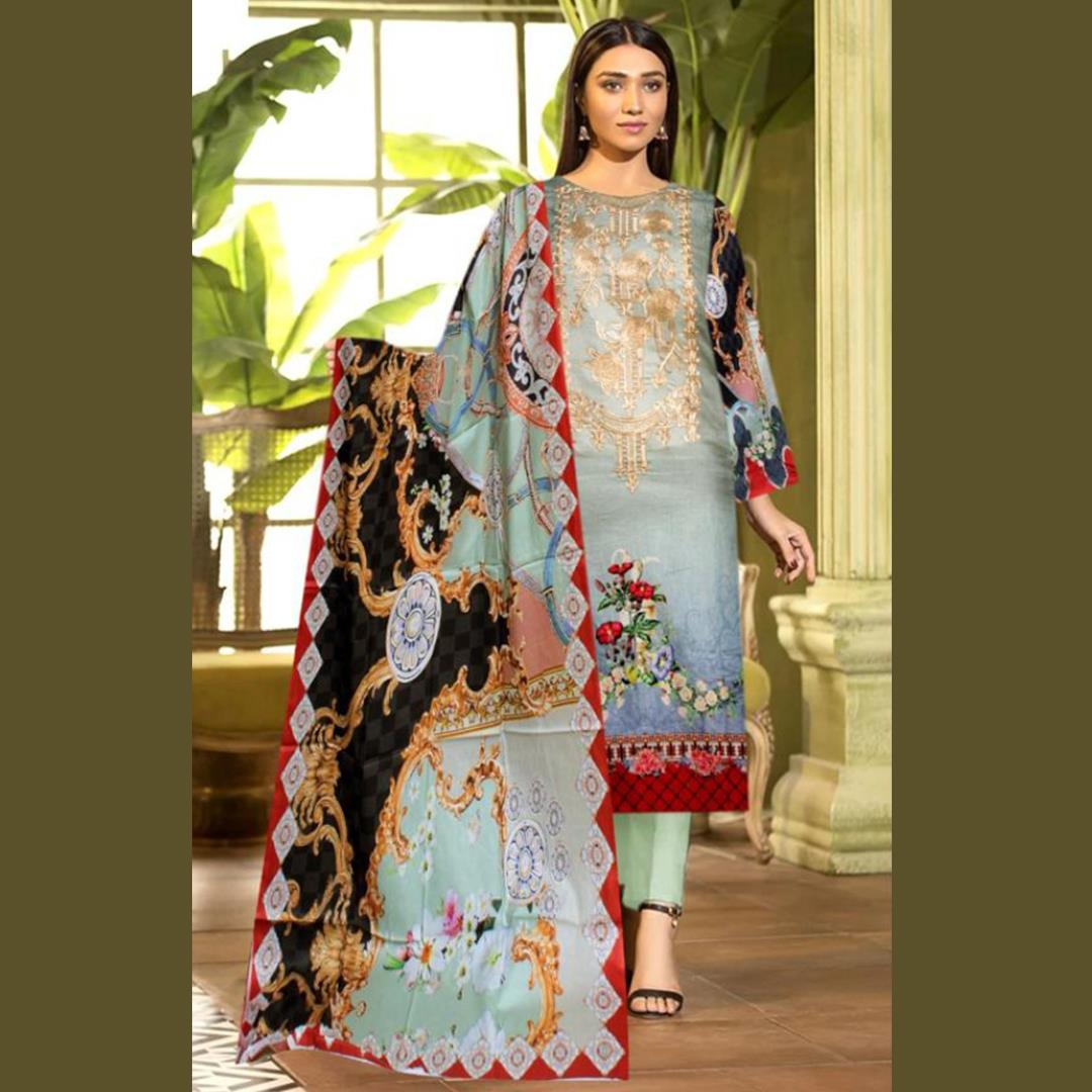 3 Pcs Unstitched Embroidered Lawn Suit Ombre Green