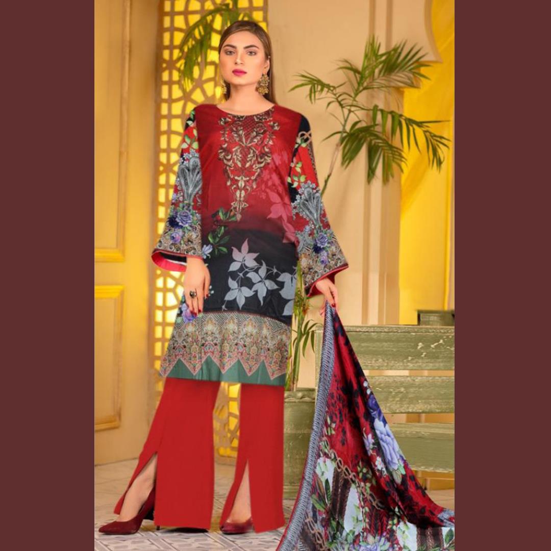 3 Pcs Unstitched Embroidered Lawn Suit Red Floral