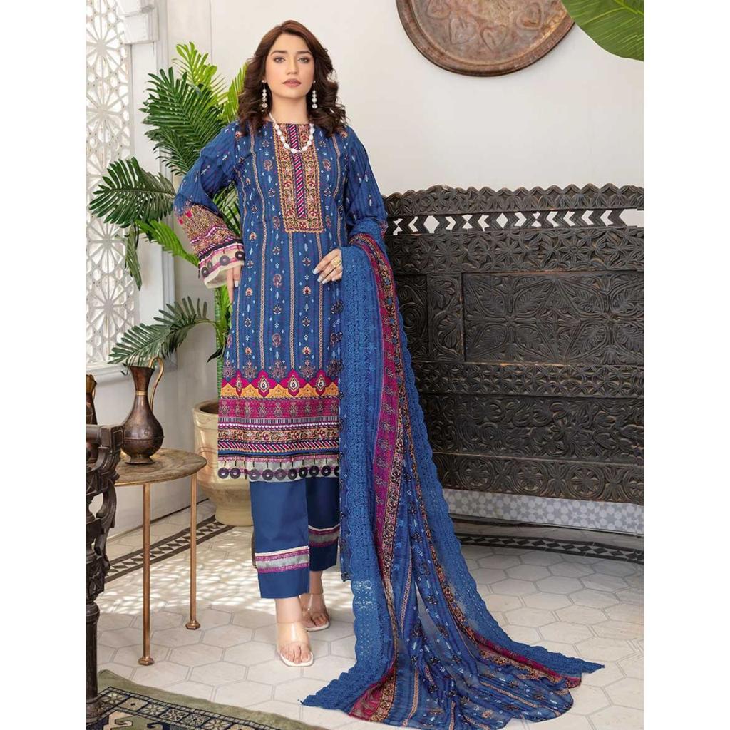 3 Pcs Unstitched Embroidered Lawn Suit Royal Blue