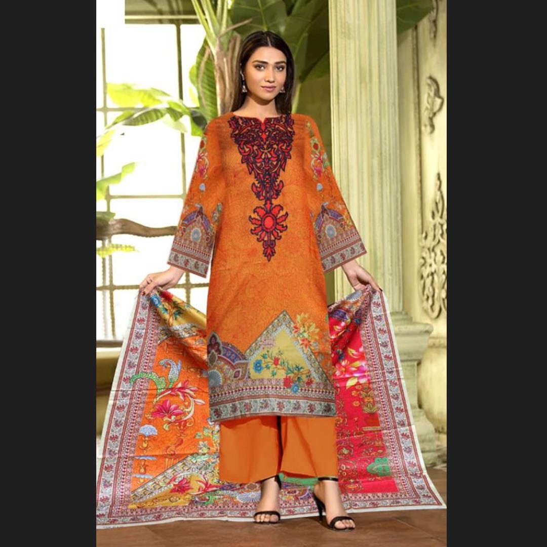 3 Pcs Unstitched Embroidered Lawn Suit Salvo Orange