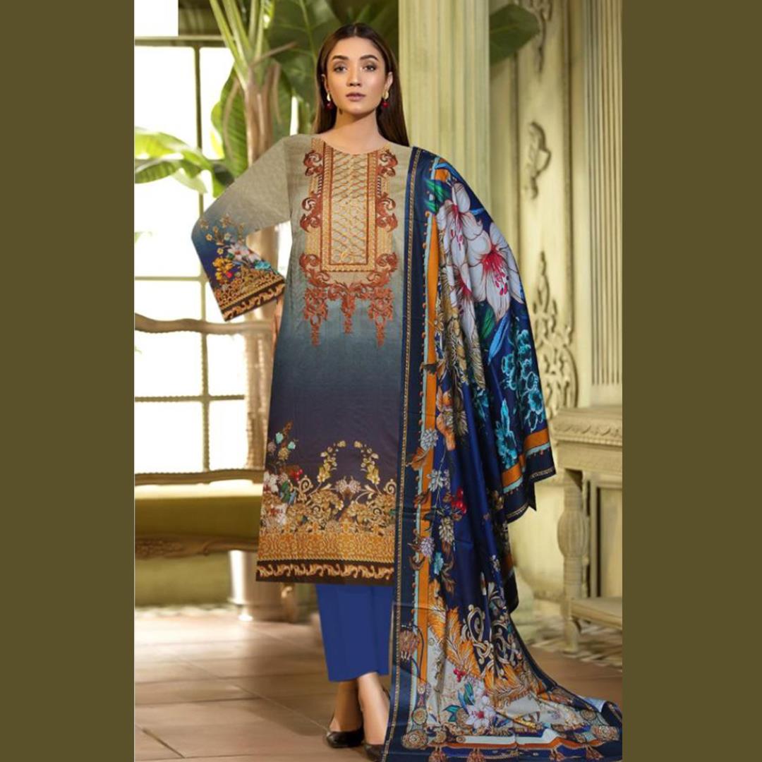 3 Pcs Unstitched Embroidered Lawn Suit Spumante Blue