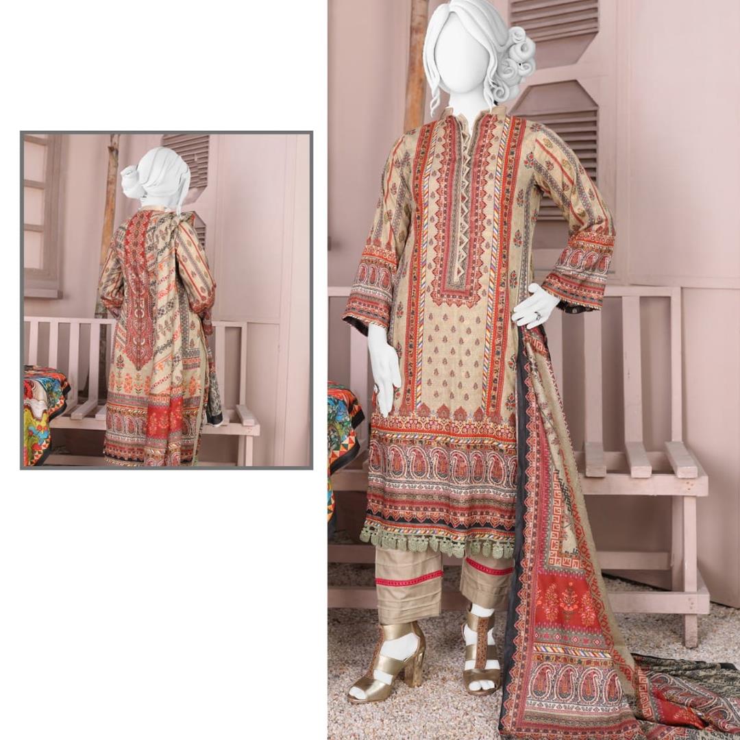 3 Pcs Unstitched Jacquard Brosha Lawn Suit Beige