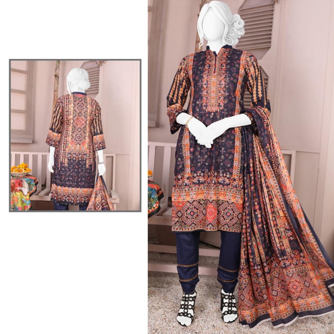 3 Pcs Unstitched Jacquard Brosha Lawn Suit Blue