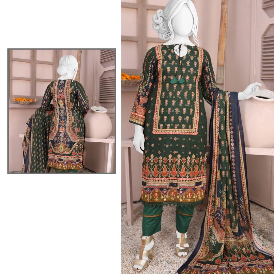 3 Pcs Unstitched Jacquard Brosha Lawn Suit Green