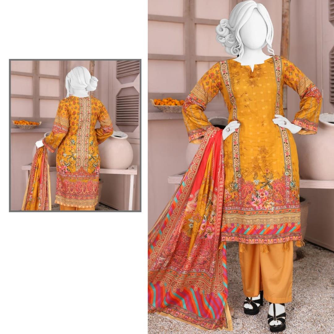 3 Pcs Unstitched Jacquard Brosha Lawn Suit Yellow