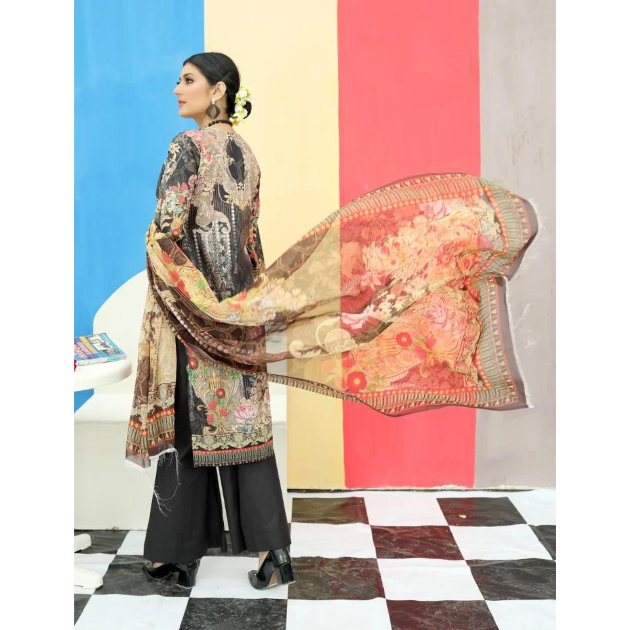 3 Pcs Unstitched Lawn Suit Floral Black